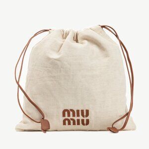 Miu Miu SS/24 Beige Canvas Logo-Embroidered Drawstring Pouch